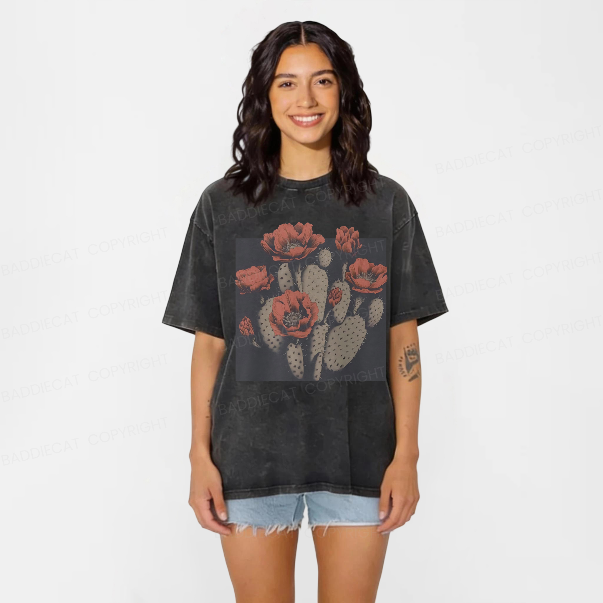 Baddiecat Cactus Flower Washed T-shirt