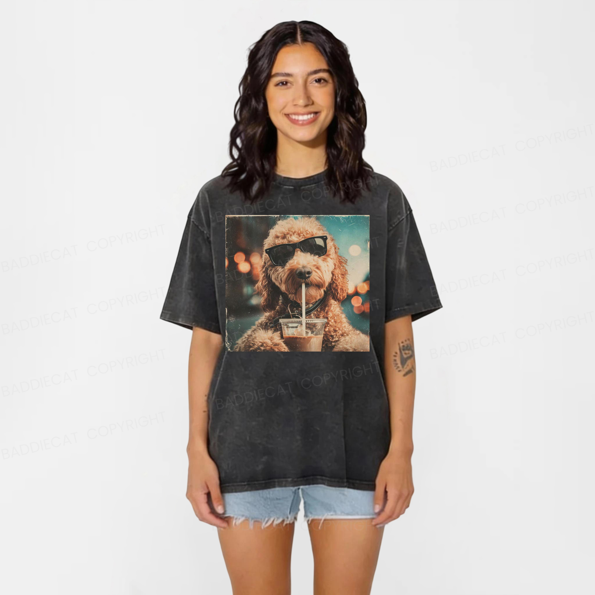 Baddiecat Goldendoodle Drinking Iced Coffee Washed T-shirt