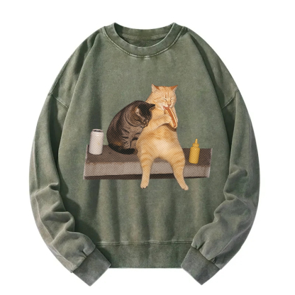 Cat Eating Hot Dog Washed Sweatshirt