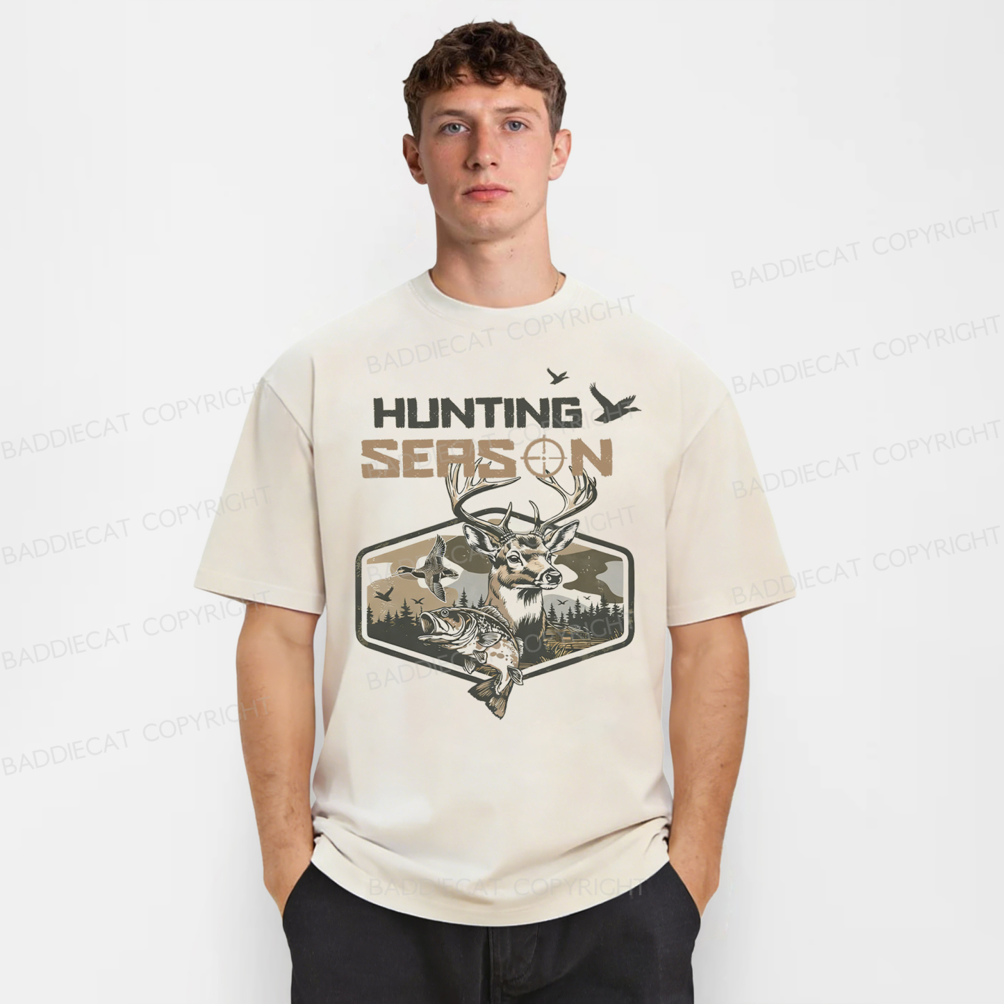 Baddiecat Deer Duck Fishing Washed T-shirt