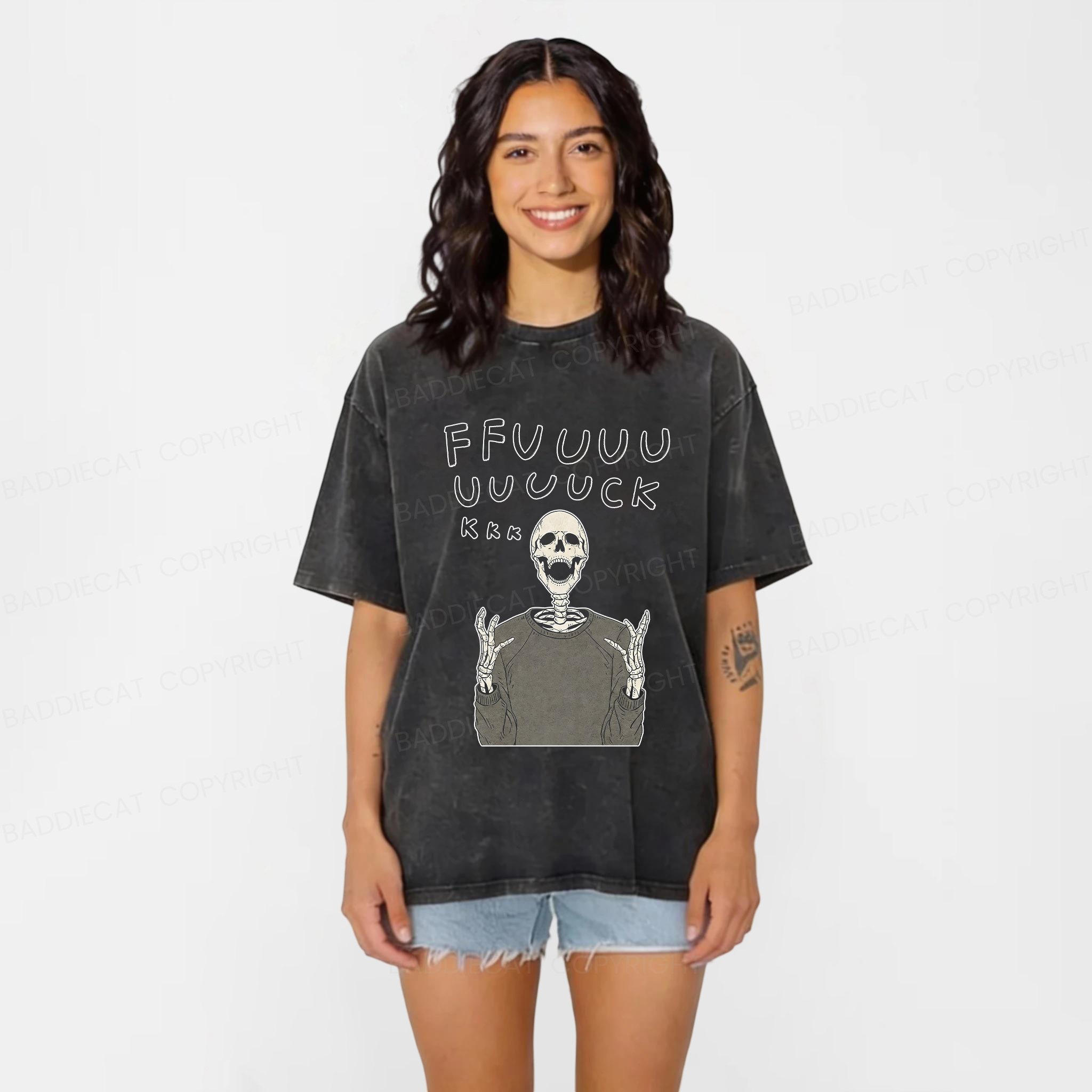 Baddiecat Complaining Skull Washed T-shirt