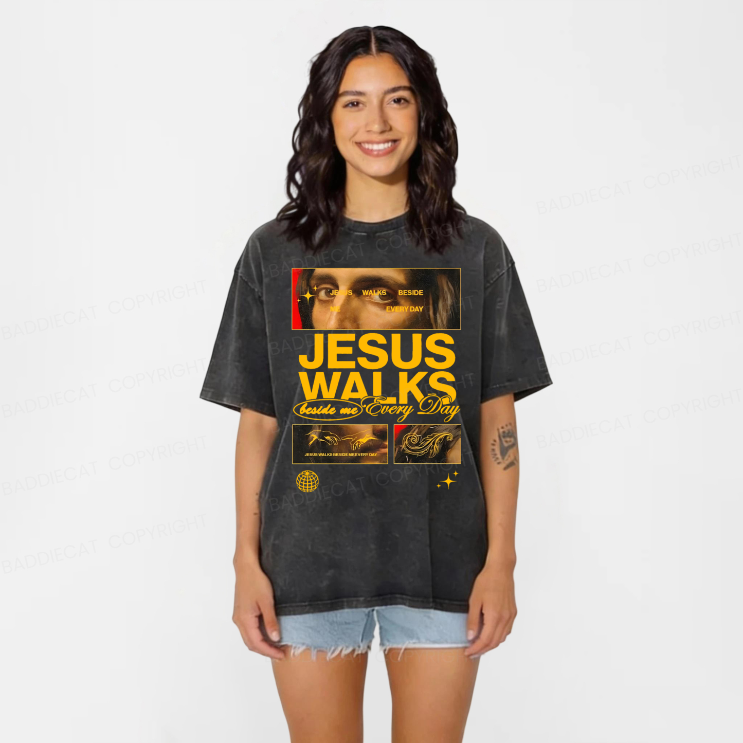 Baddiecat Jesus Walks Beside Washed T-shirt