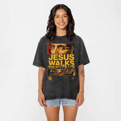 Baddiecat Jesus Walks Beside Washed T-shirt