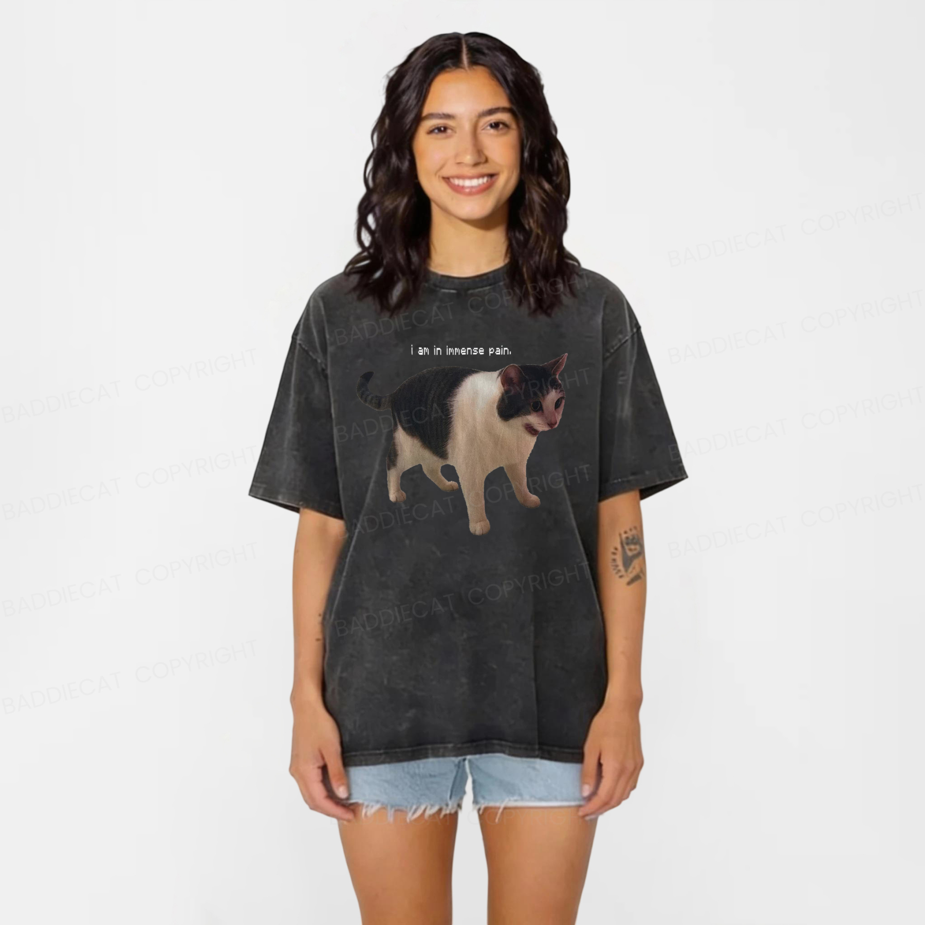 Baddiecat Immense Pain Cat Washed T-shirt