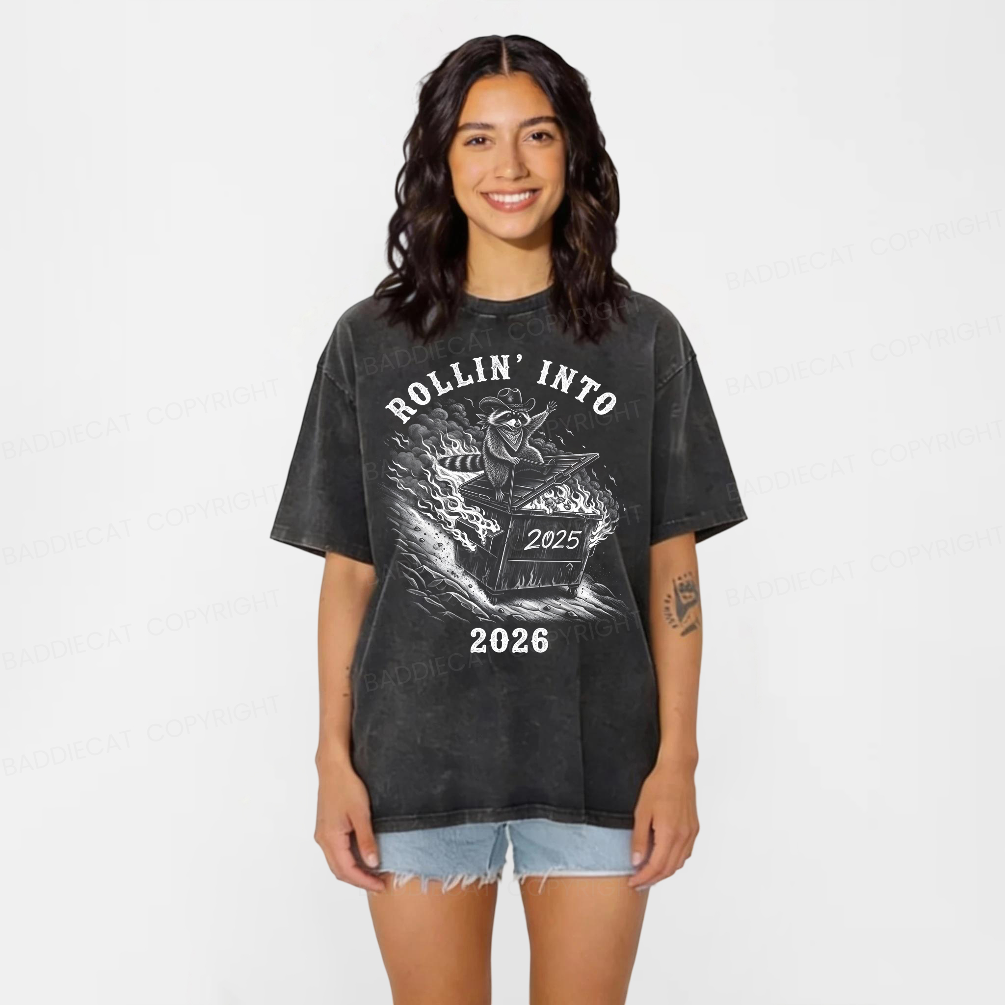 Baddiecat Raccoon Dumpster Fire Rollin Into 2026 Washed T-shirt