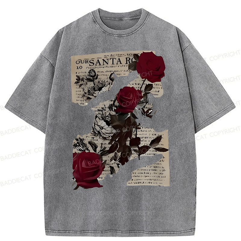 Baddiecat Printed With Rose Newspaper Pattern Washed T-shirt