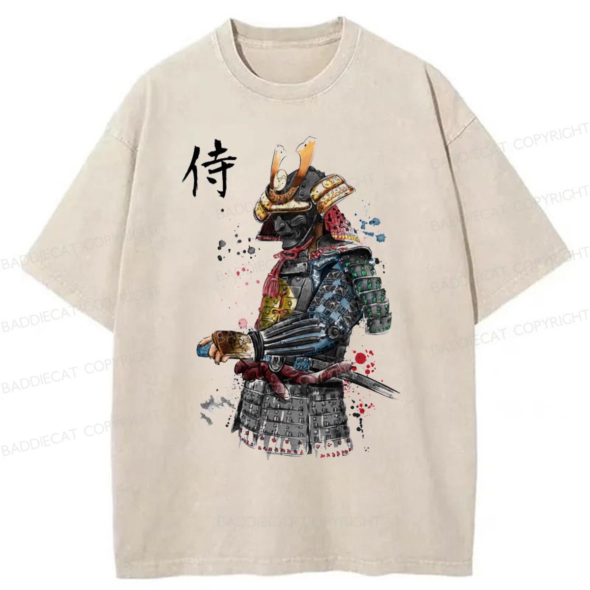 Baddiecat Samurai Watercolor Washed T-shirt
