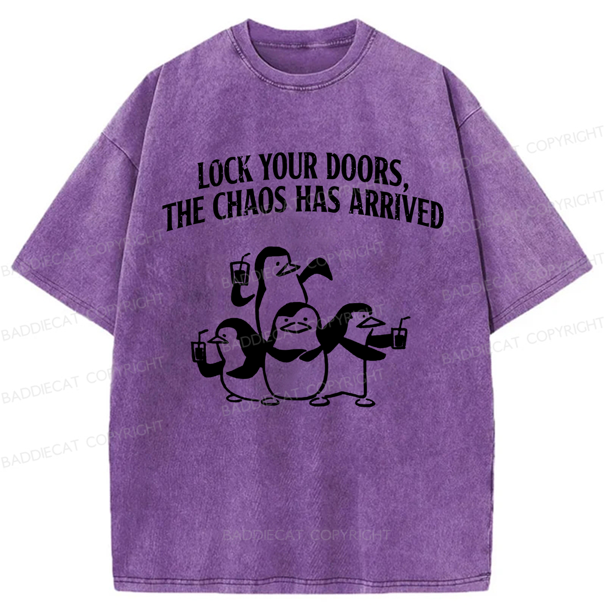 Baddiecat Lock Your Doors Funny Penguins Washed T-shirt