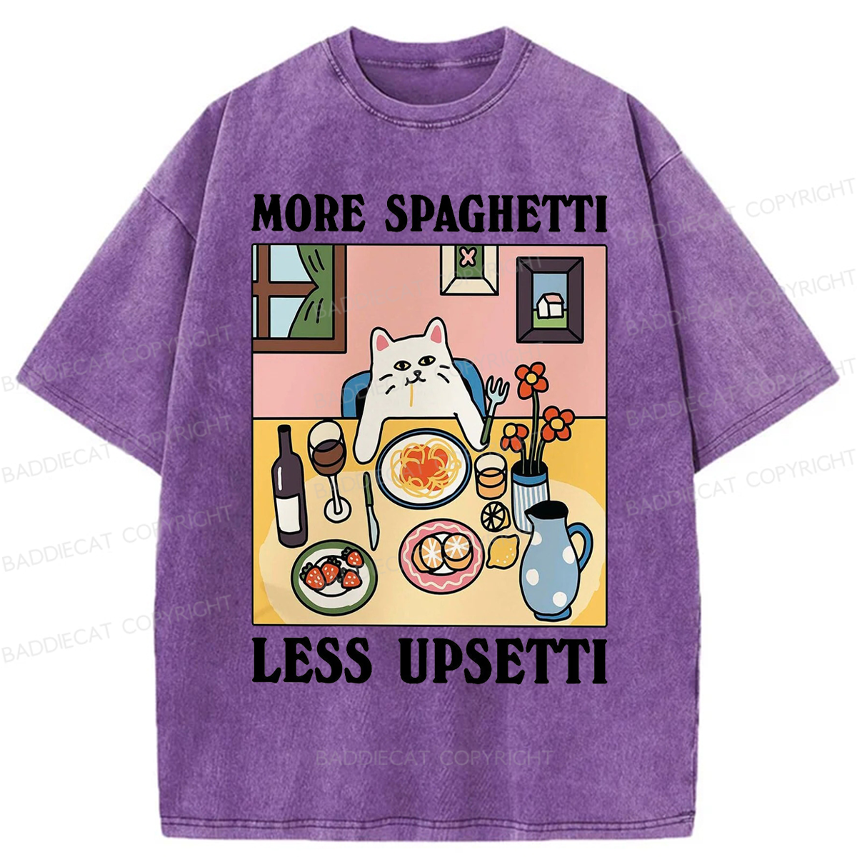Baddiecat More Spaghetti Less Regretti Cat Washed T-shirt