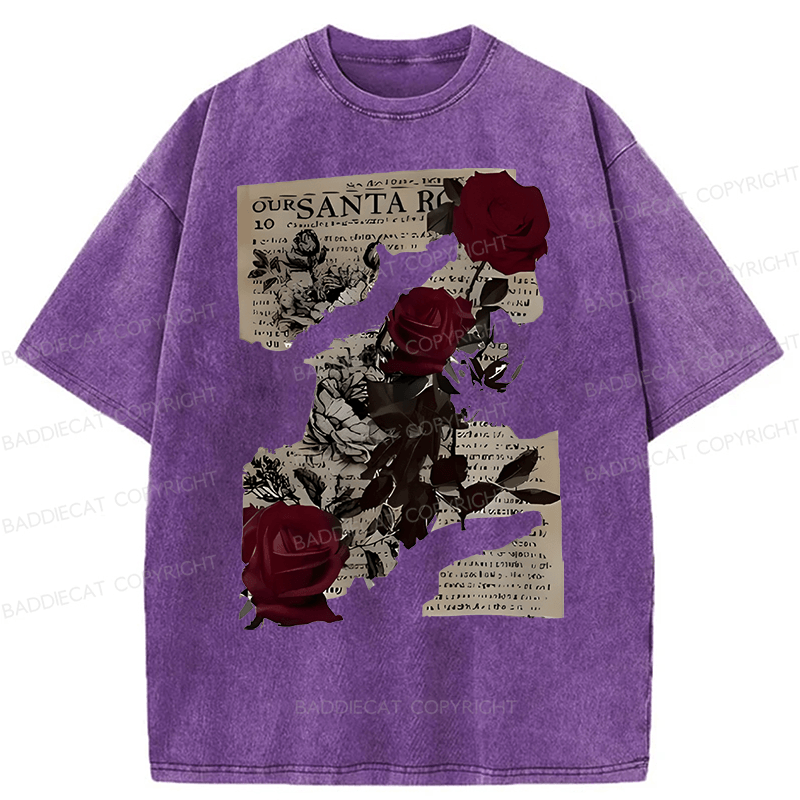 Baddiecat Printed With Rose Newspaper Pattern Washed T-shirt