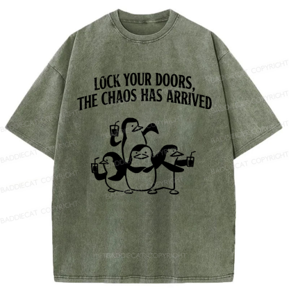 Baddiecat Lock Your Doors Funny Penguins Washed T-shirt