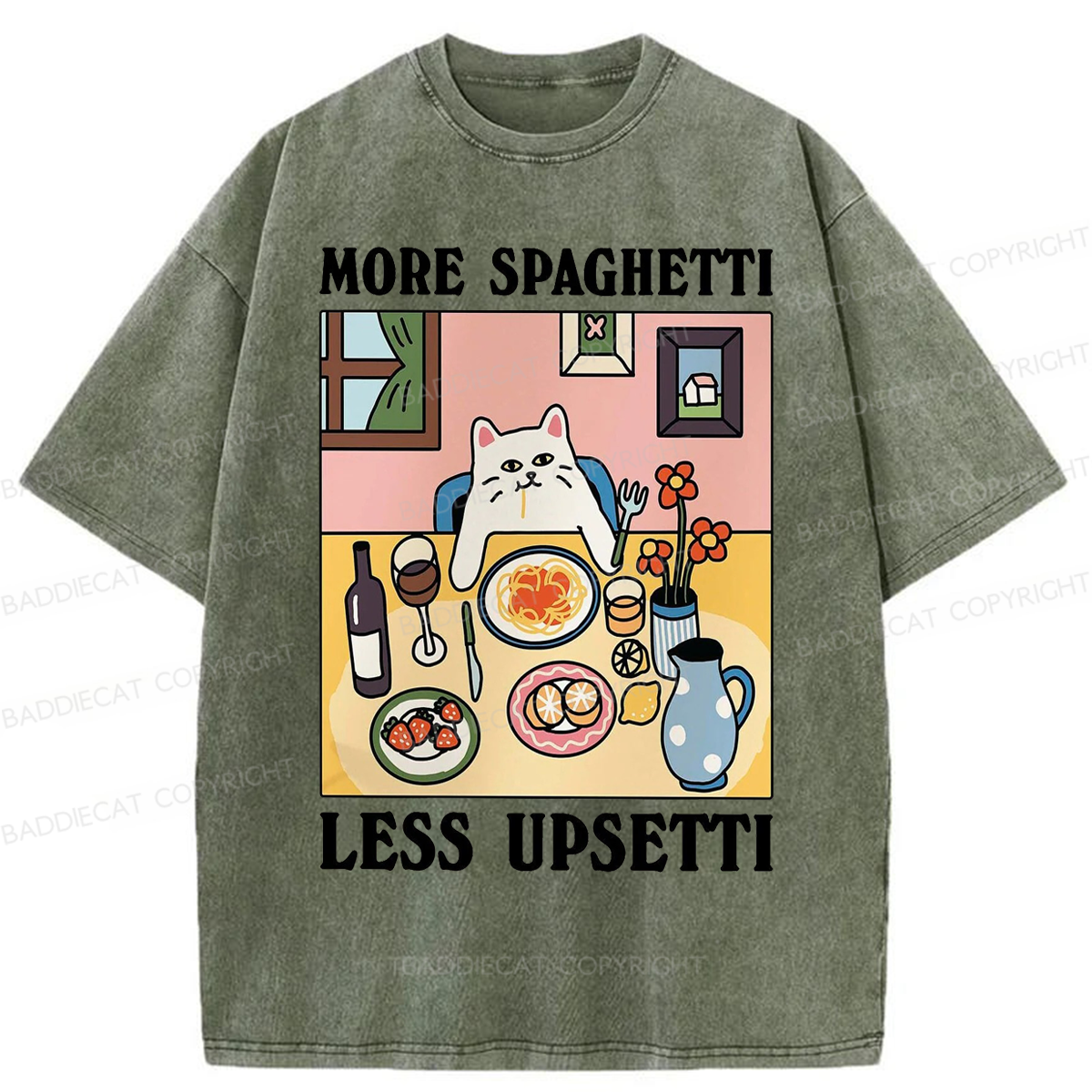 Baddiecat More Spaghetti Less Regretti Cat Washed T-shirt
