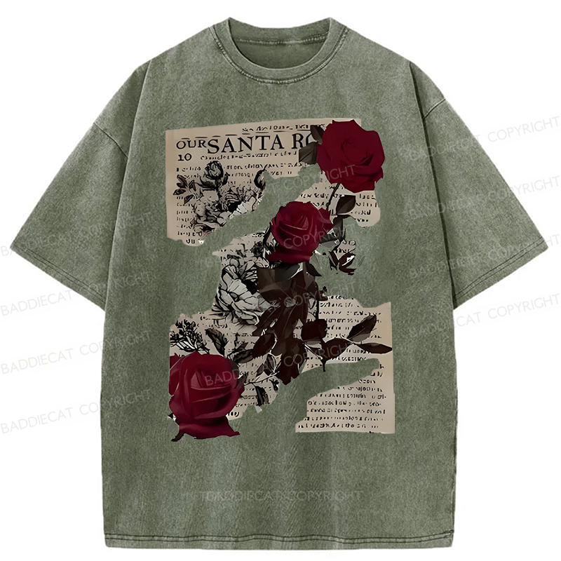Baddiecat Printed With Rose Newspaper Pattern Washed T-shirt