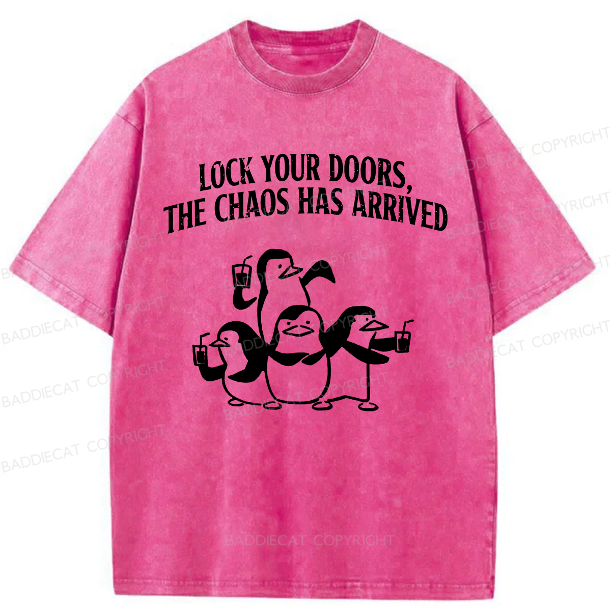 Baddiecat Lock Your Doors Funny Penguins Washed T-shirt