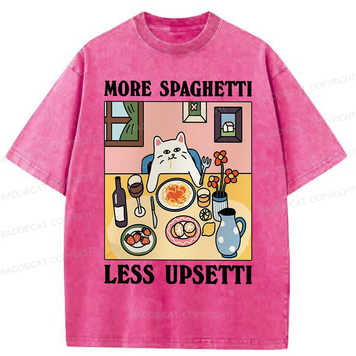 Baddiecat More Spaghetti Less Regretti Cat Washed T-shirt