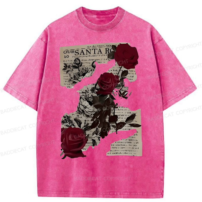 Baddiecat Printed With Rose Newspaper Pattern Washed T-shirt