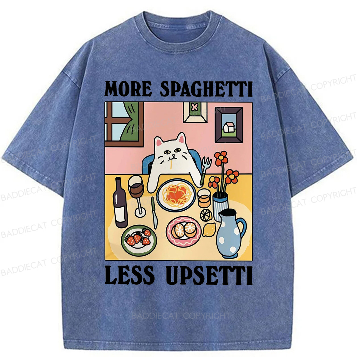 Baddiecat More Spaghetti Less Regretti Cat Washed T-shirt