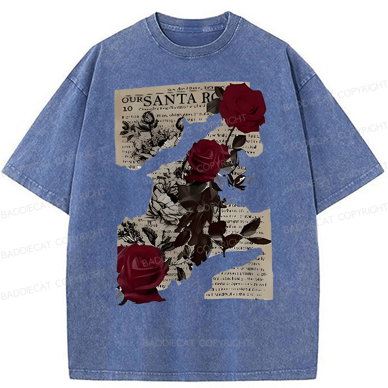 Baddiecat Printed With Rose Newspaper Pattern Washed T-shirt