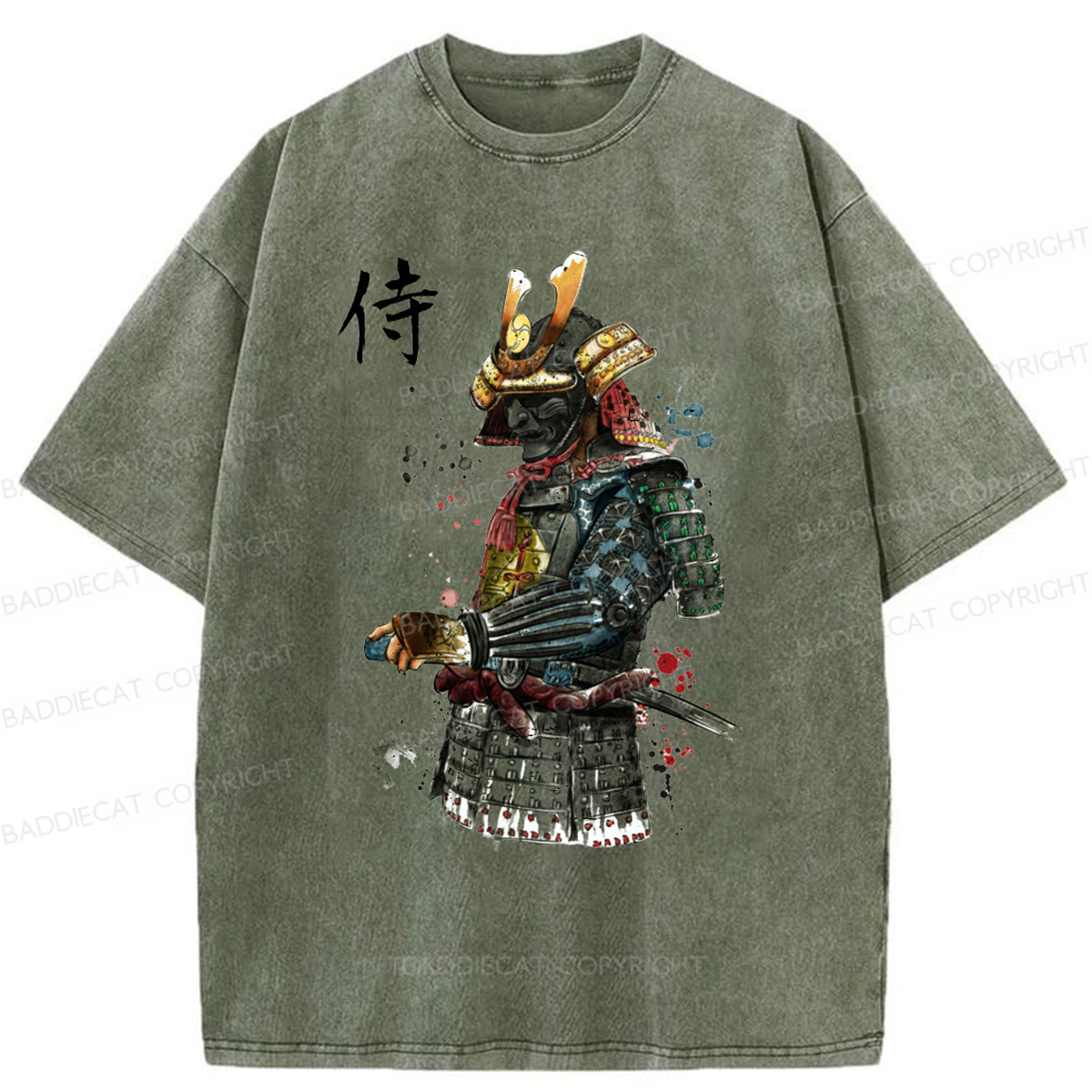Baddiecat Samurai Watercolor Washed T-shirt