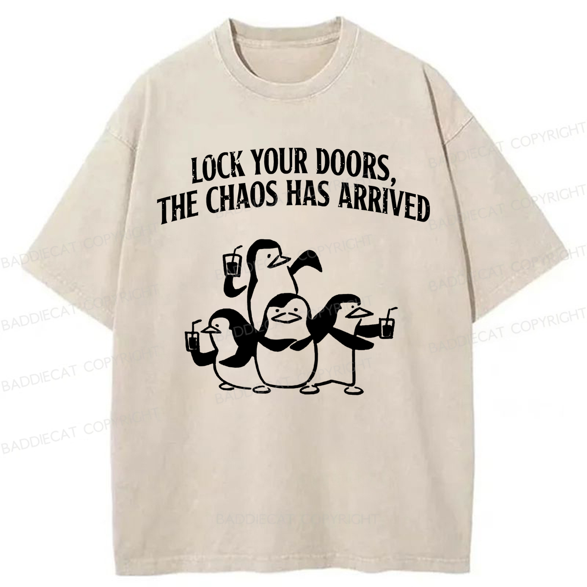 Baddiecat Lock Your Doors Funny Penguins Washed T-shirt