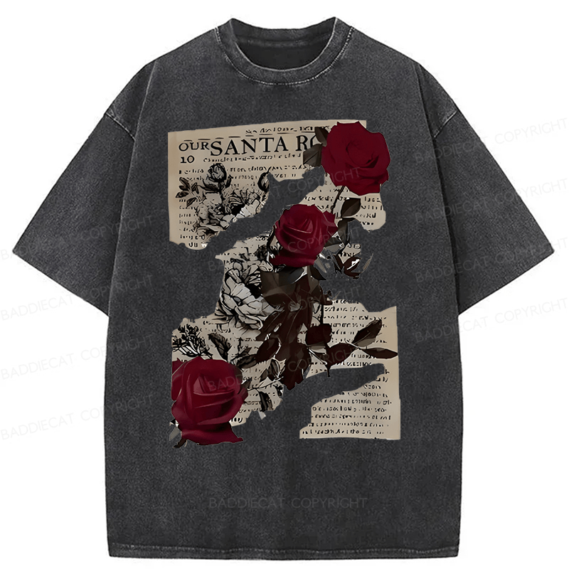 Baddiecat Printed With Rose Newspaper Pattern Washed T-shirt