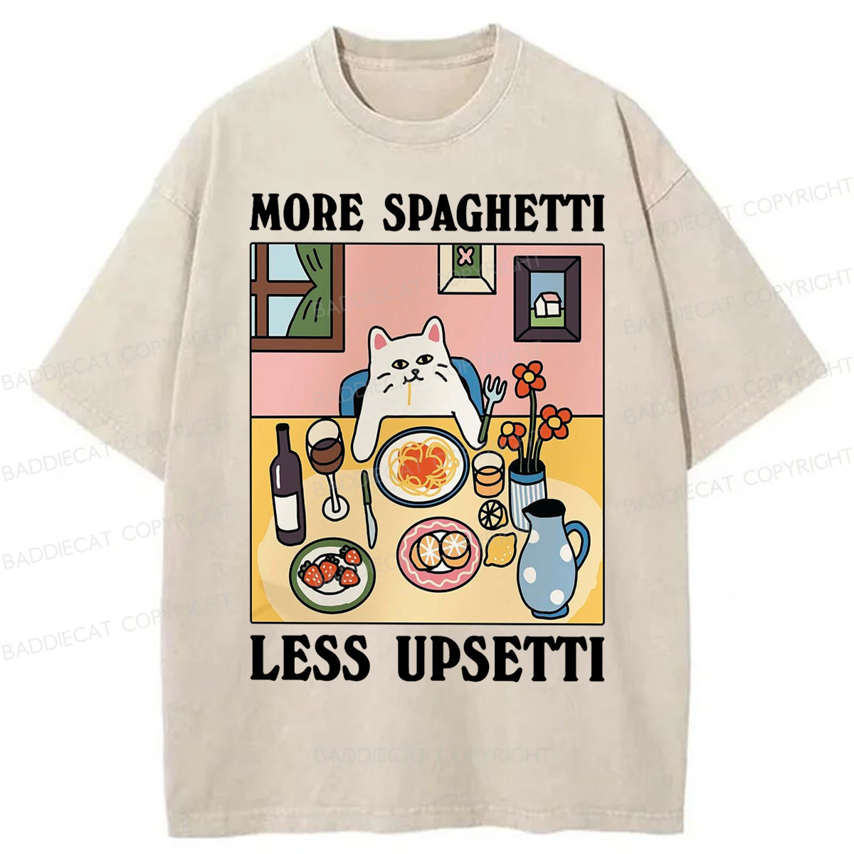 Baddiecat More Spaghetti Less Regretti Cat Washed T-shirt