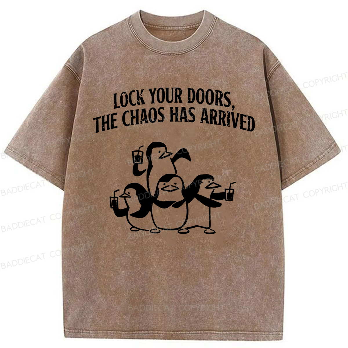 Baddiecat Lock Your Doors Funny Penguins Washed T-shirt
