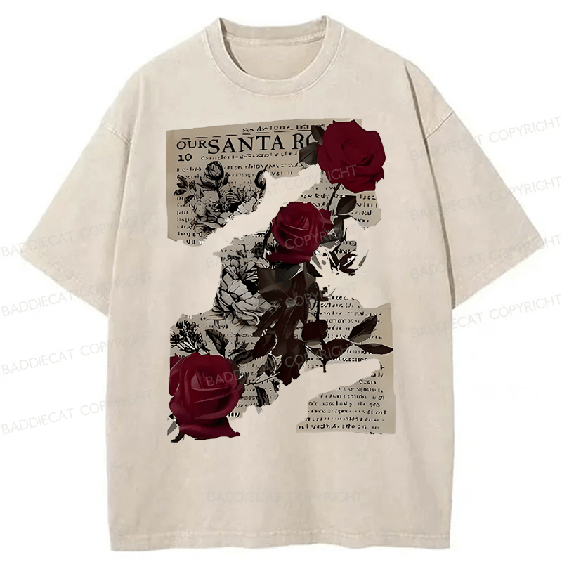 Baddiecat Printed With Rose Newspaper Pattern Washed T-shirt