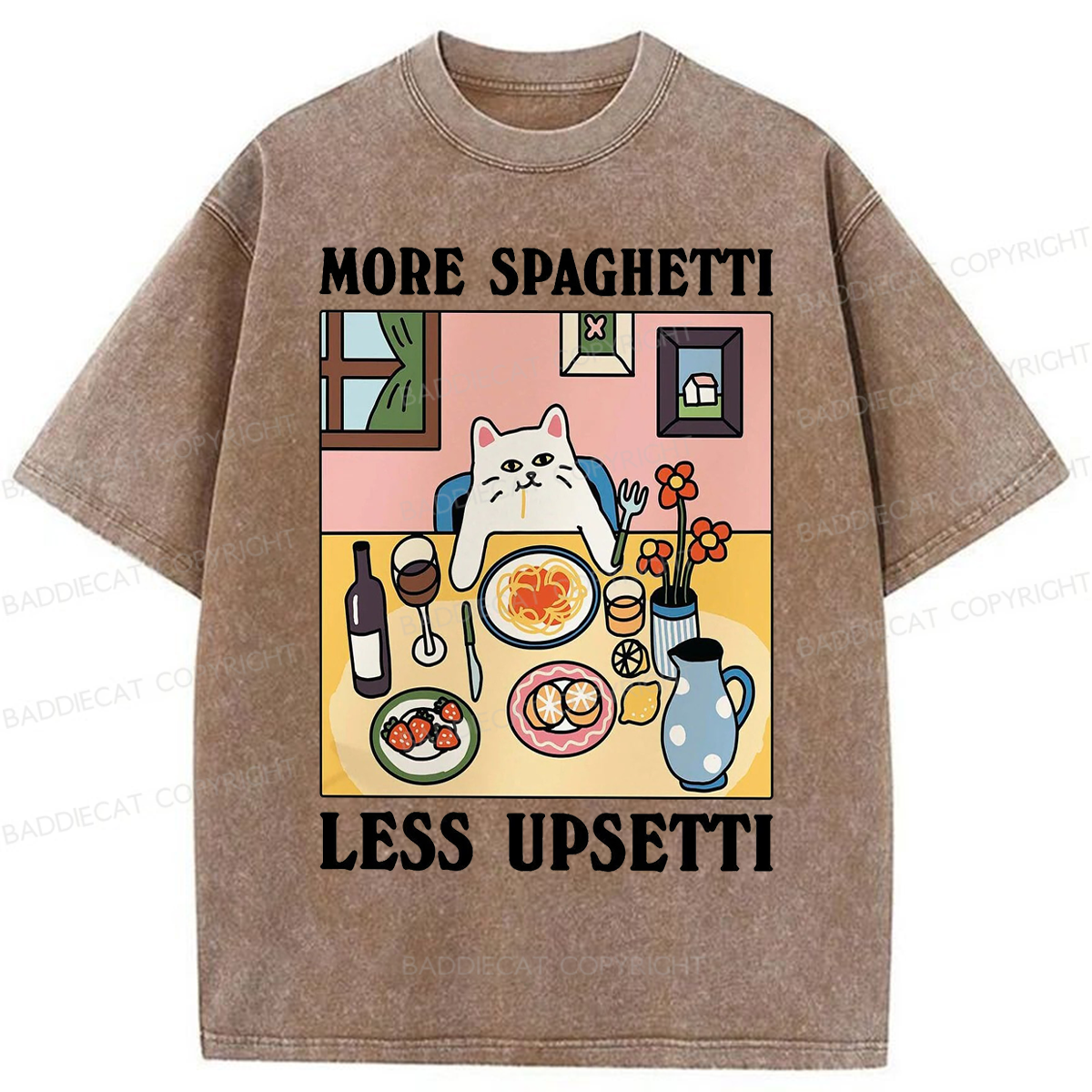 Baddiecat More Spaghetti Less Regretti Cat Washed T-shirt