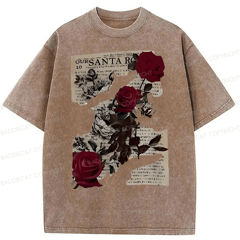 Baddiecat Printed With Rose Newspaper Pattern Washed T-shirt