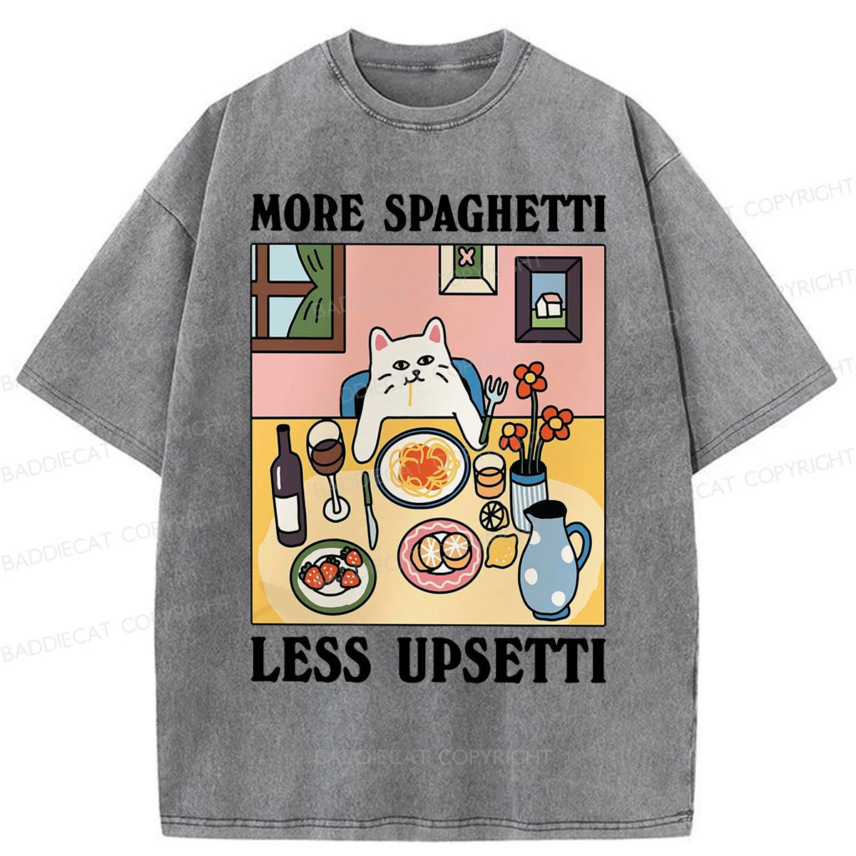 Baddiecat More Spaghetti Less Regretti Cat Washed T-shirt