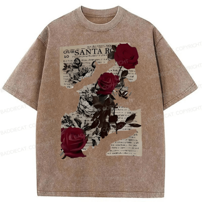 Baddiecat Printed With Rose Newspaper Pattern Washed T-shirt