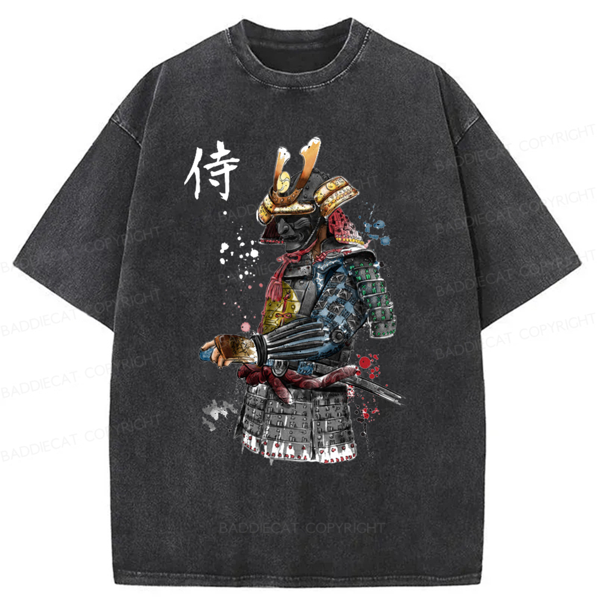 Baddiecat Samurai Watercolor Washed T-shirt