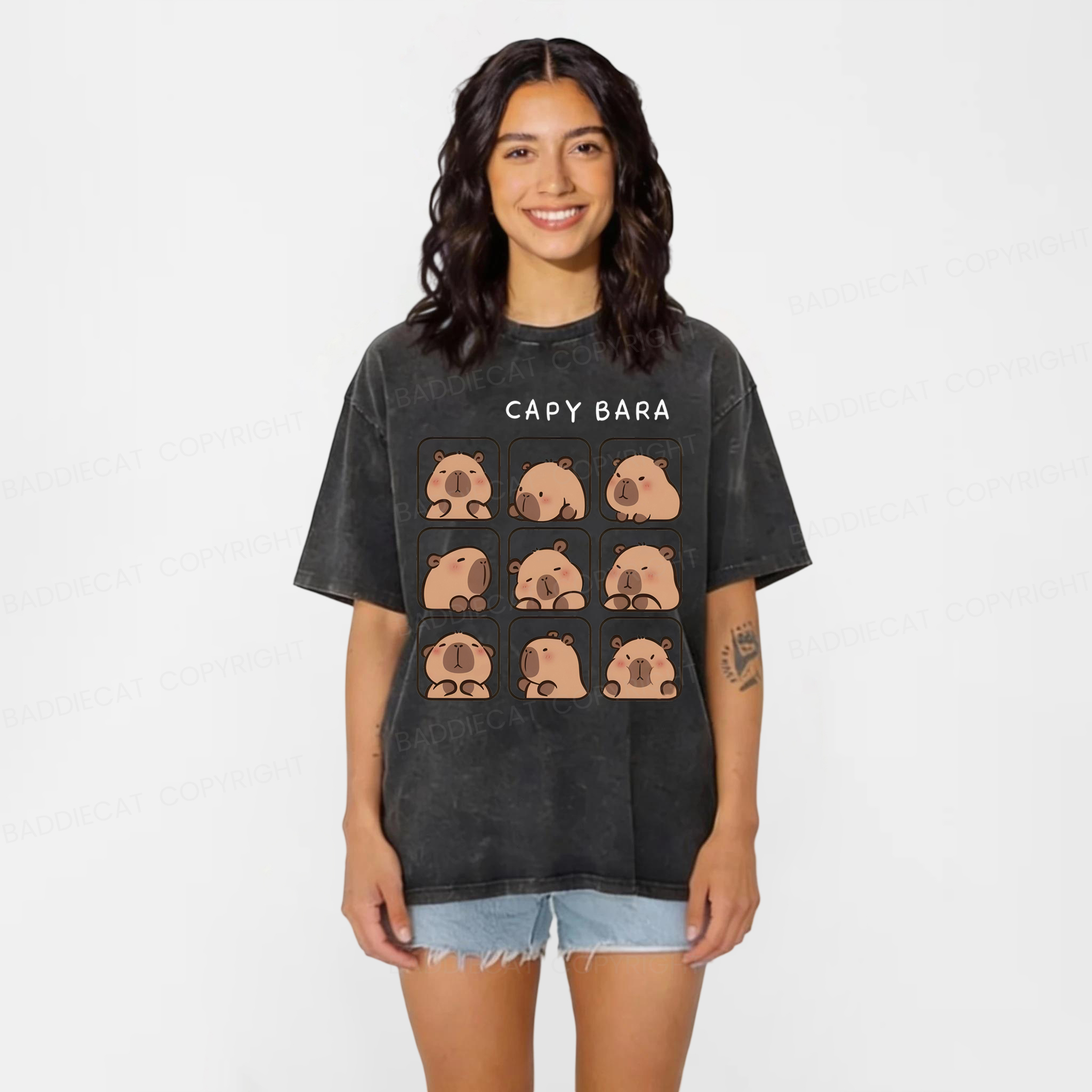 Baddiecat Funny Capybara Washed T-shirt