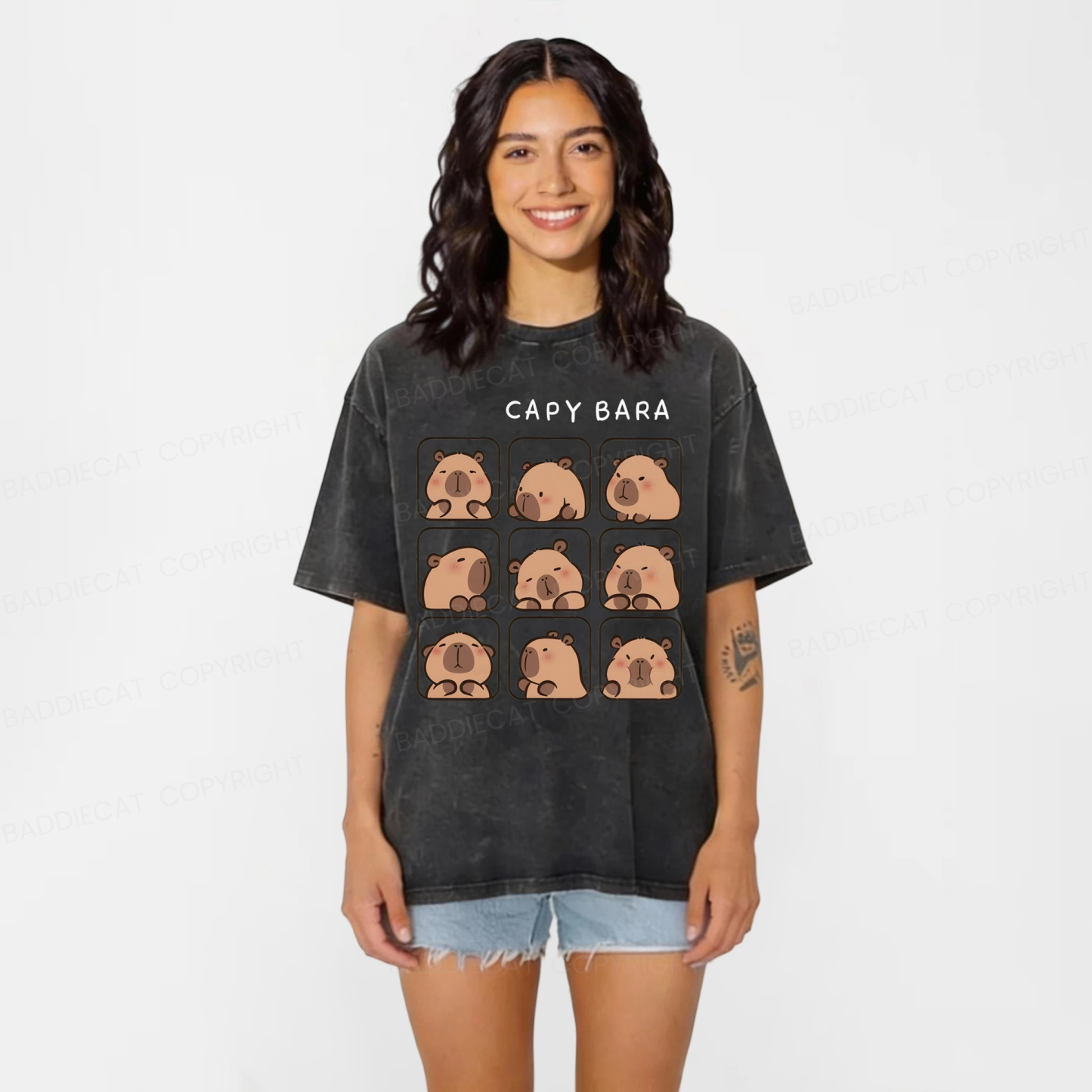 Baddiecat Funny Capybara Washed T-shirt