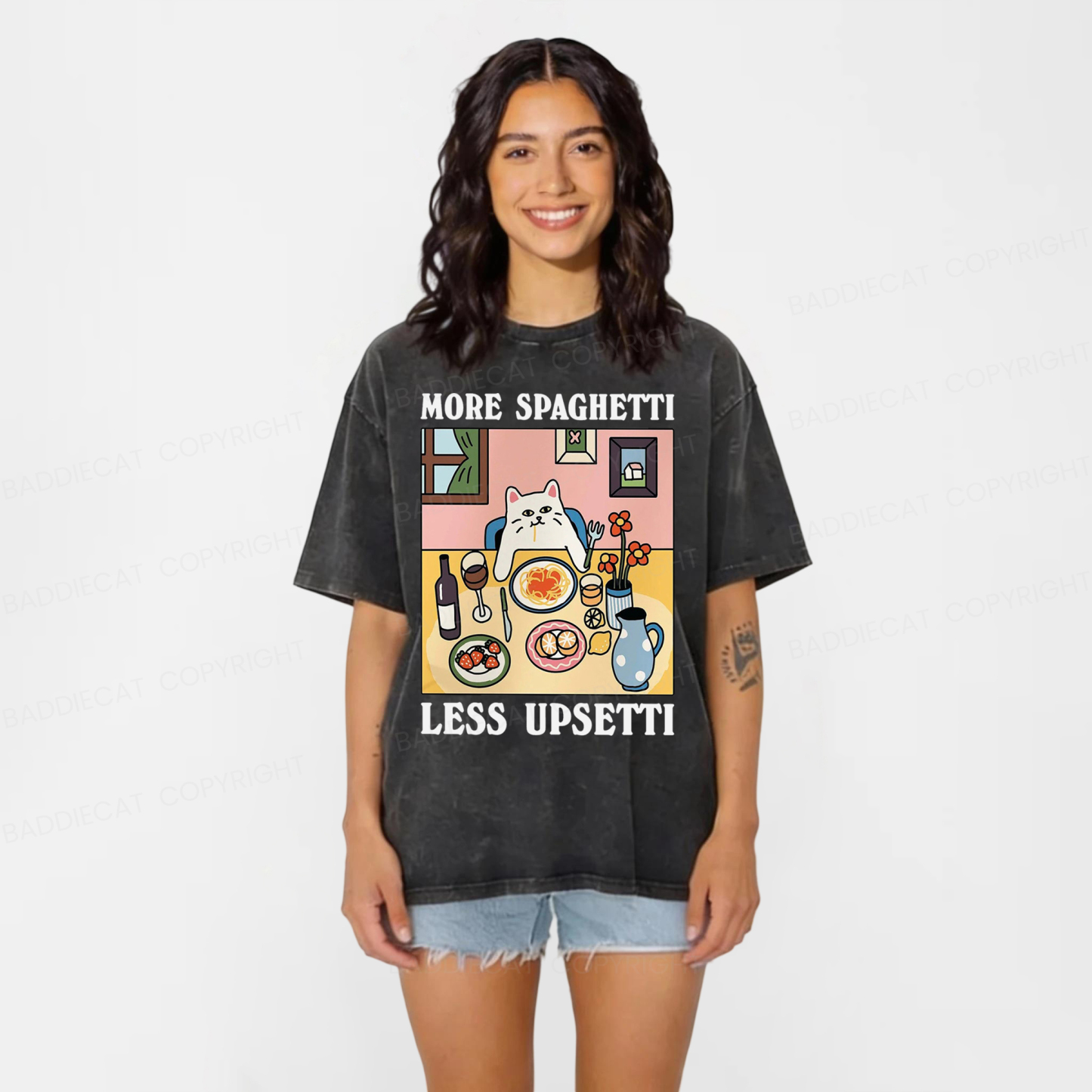 Baddiecat More Spaghetti Less Regretti Cat Washed T-shirt