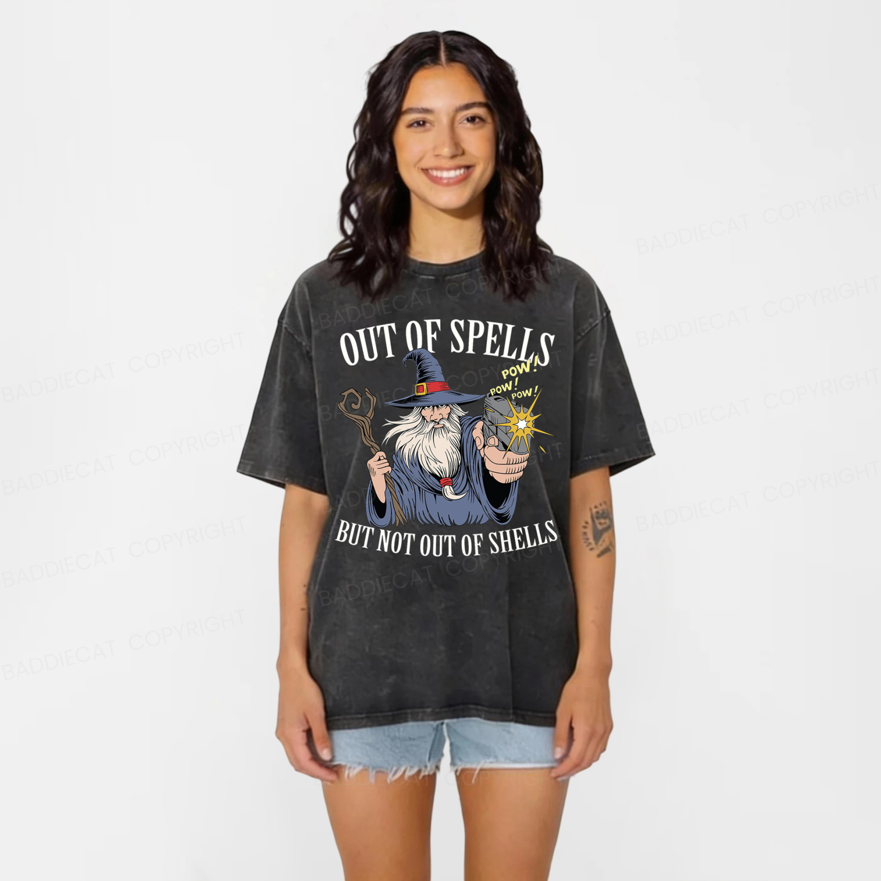 Baddiecat Out Of Spells But Not Out Of Shells Washed T-shirt