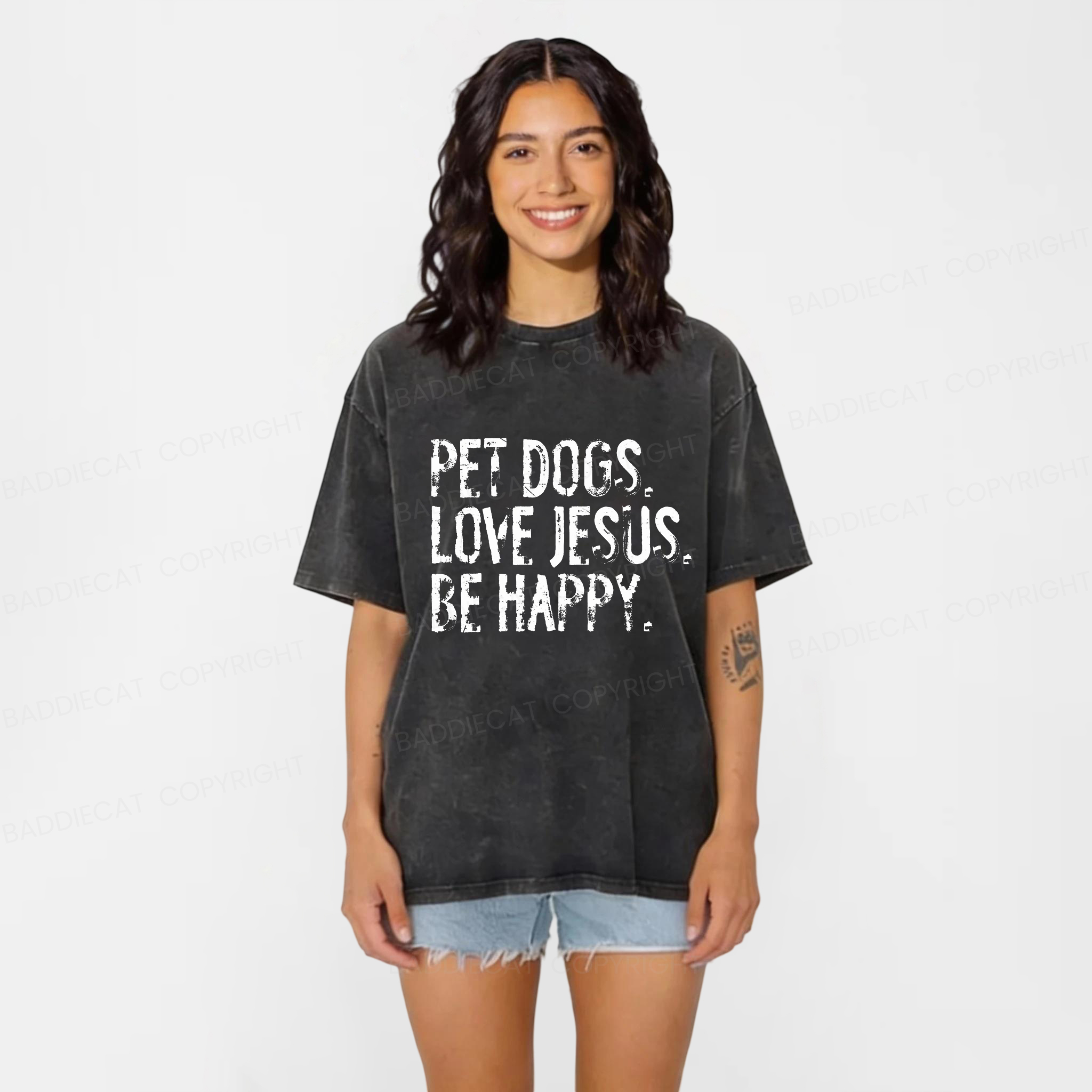 Baddiecat Pet Dogs Love Jesus Be Happy Washed T-shirt