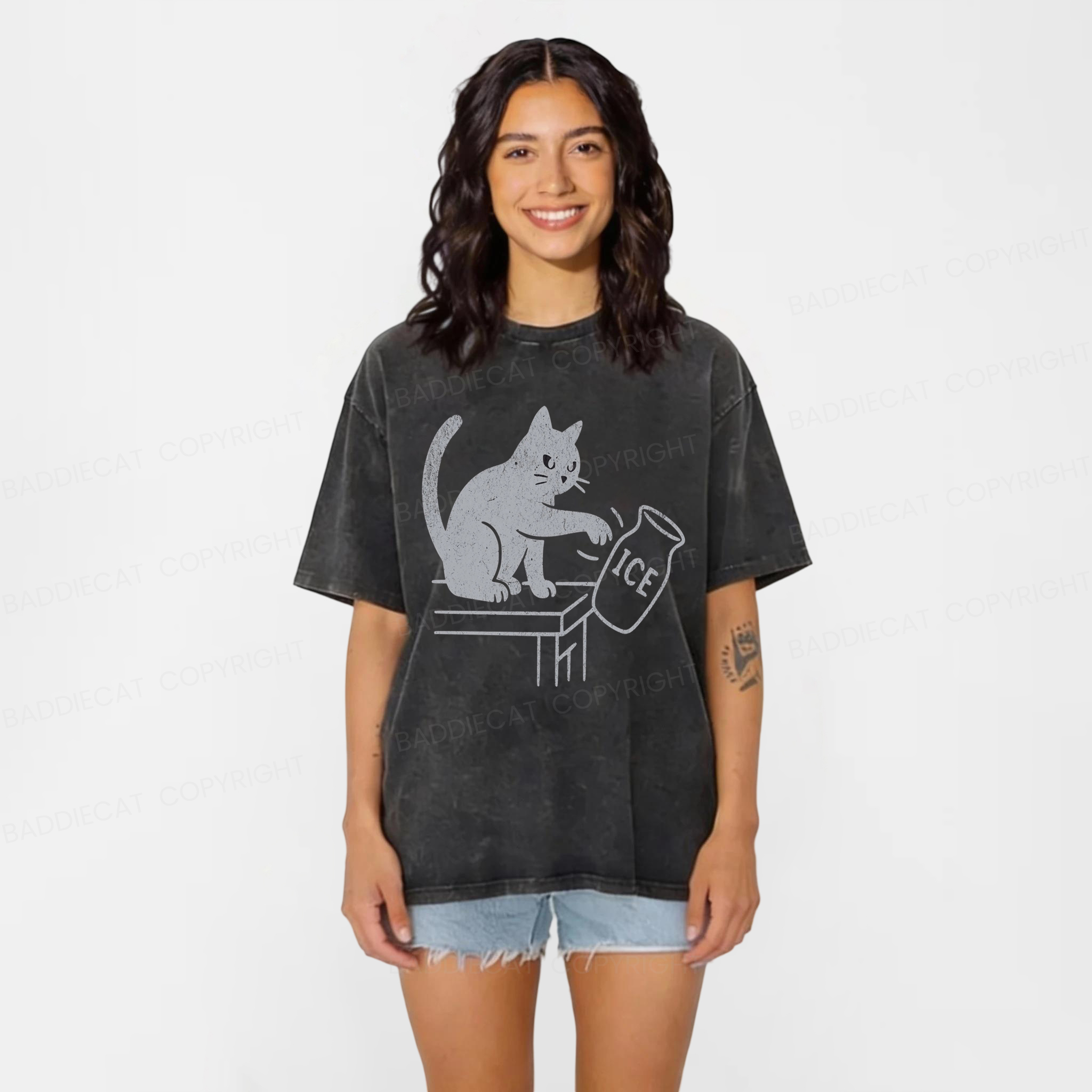Baddiecat Funny Cat No Ice Washed T-shirt