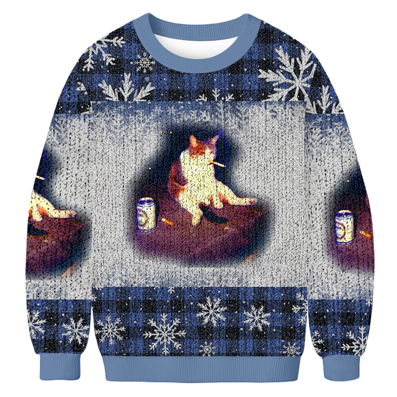 Melancholy Smoking Cat Fun Christmas Ugly Sweatshirt