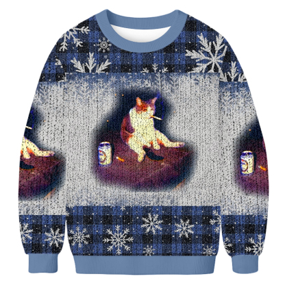 Melancholy Smoking Cat Fun Christmas Ugly Sweatshirt