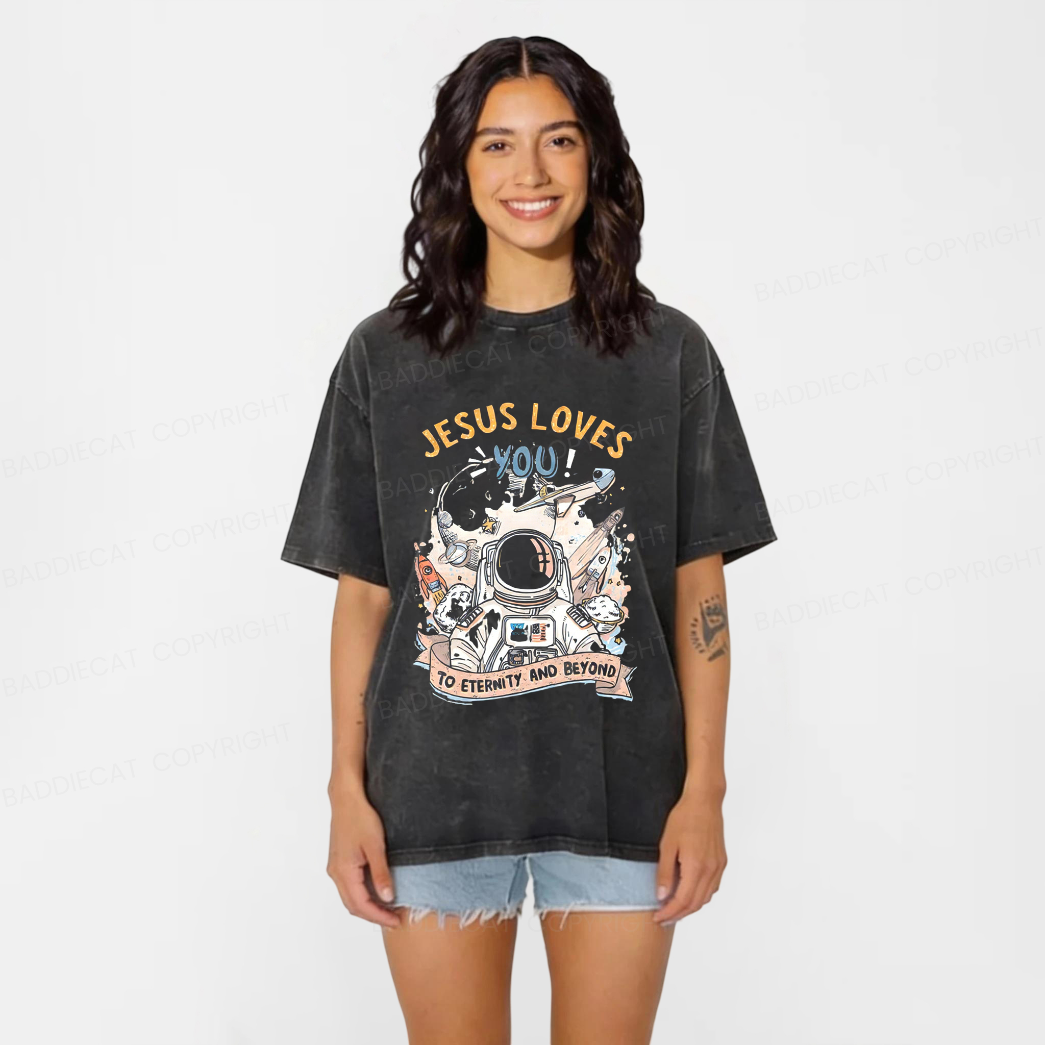 Baddiecat Jesus Loves You To Eternity And Beyond Washed T-shirt