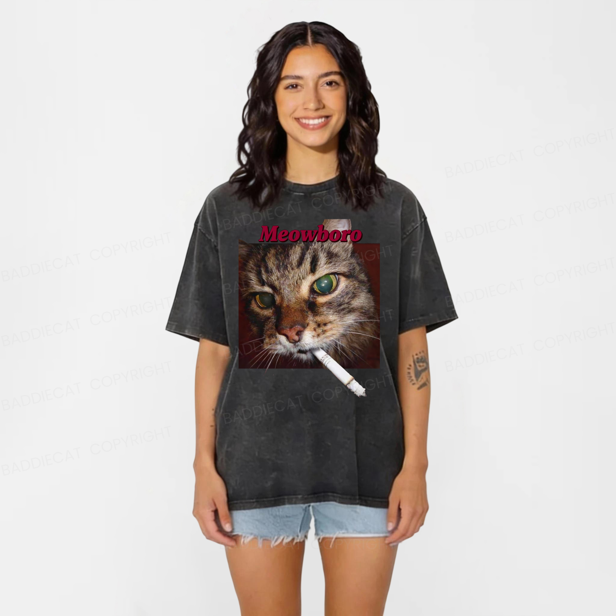 Baddiecat Meowboro Cat Cig Washed T-shirt