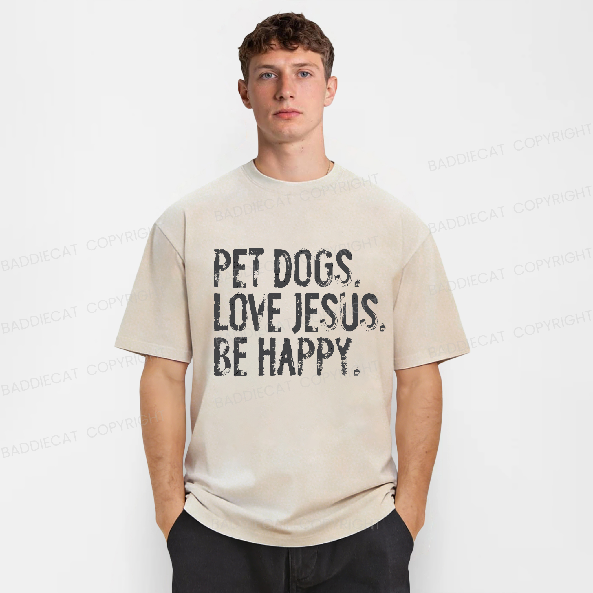 Baddiecat Pet Dogs Love Jesus Be Happy Washed T-shirt