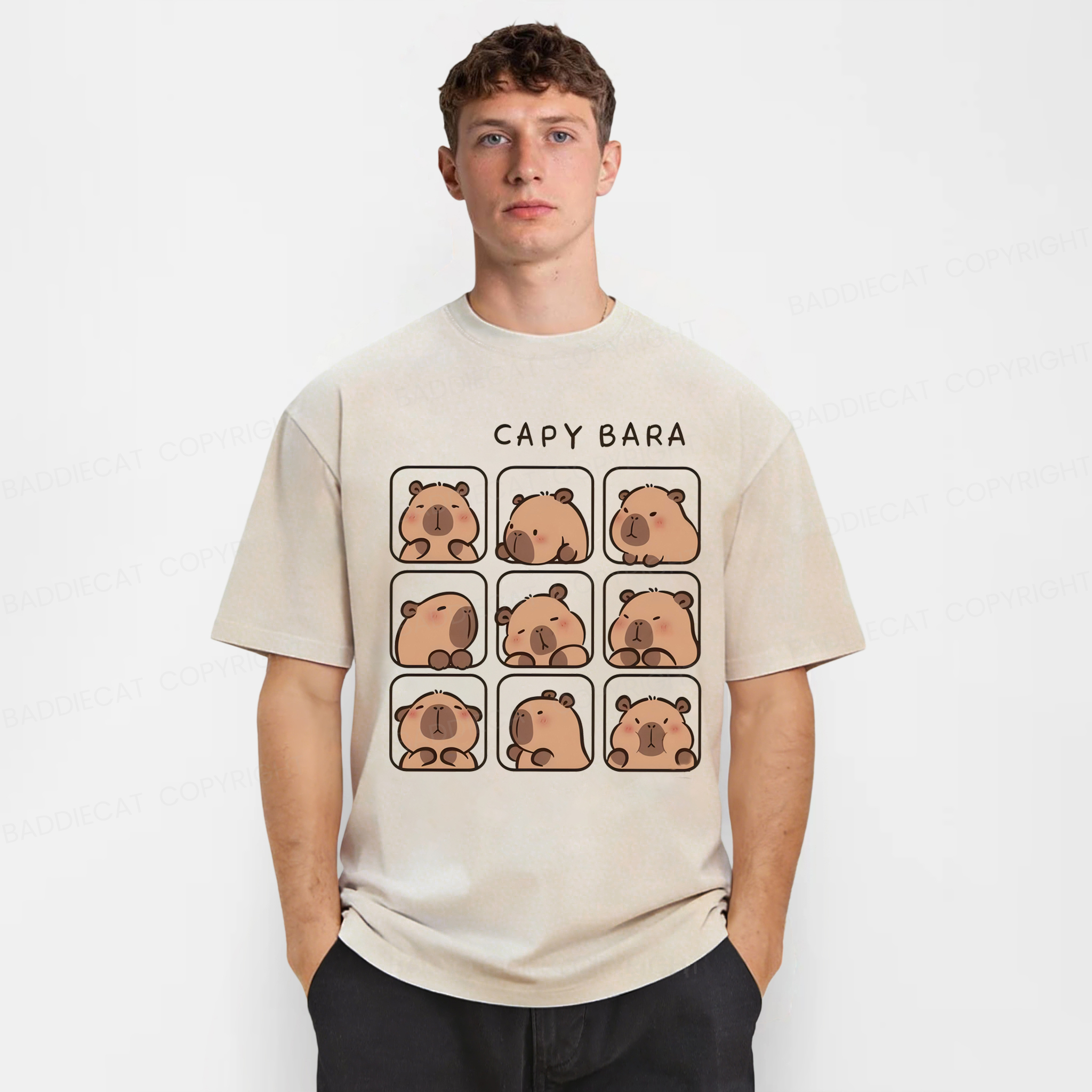 Baddiecat Funny Capybara Washed T-shirt
