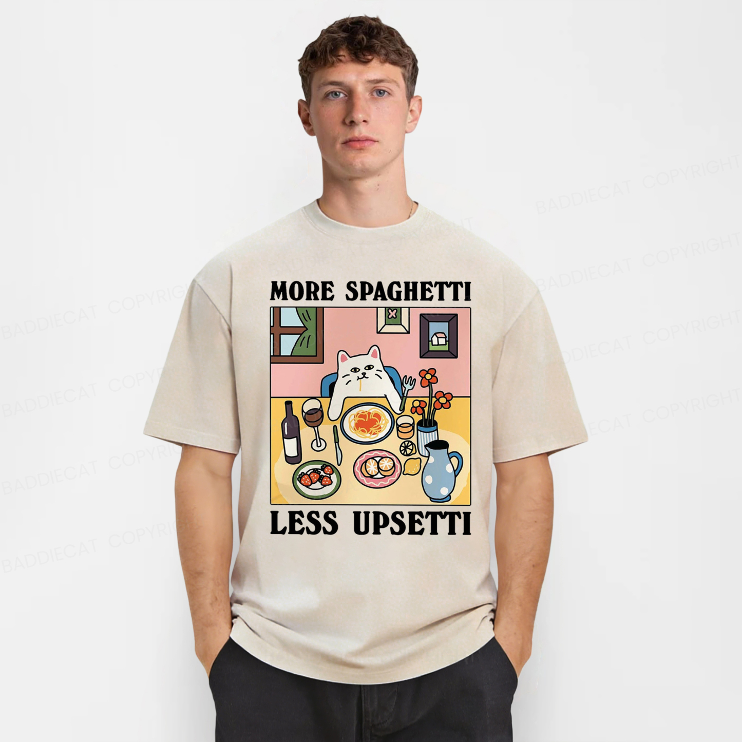 Baddiecat More Spaghetti Less Regretti Cat Washed T-shirt