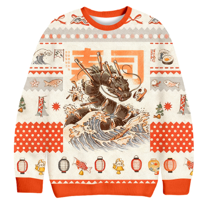 Baddiecat The Great Sushi Wave Christmas Ugly Sweatshirt