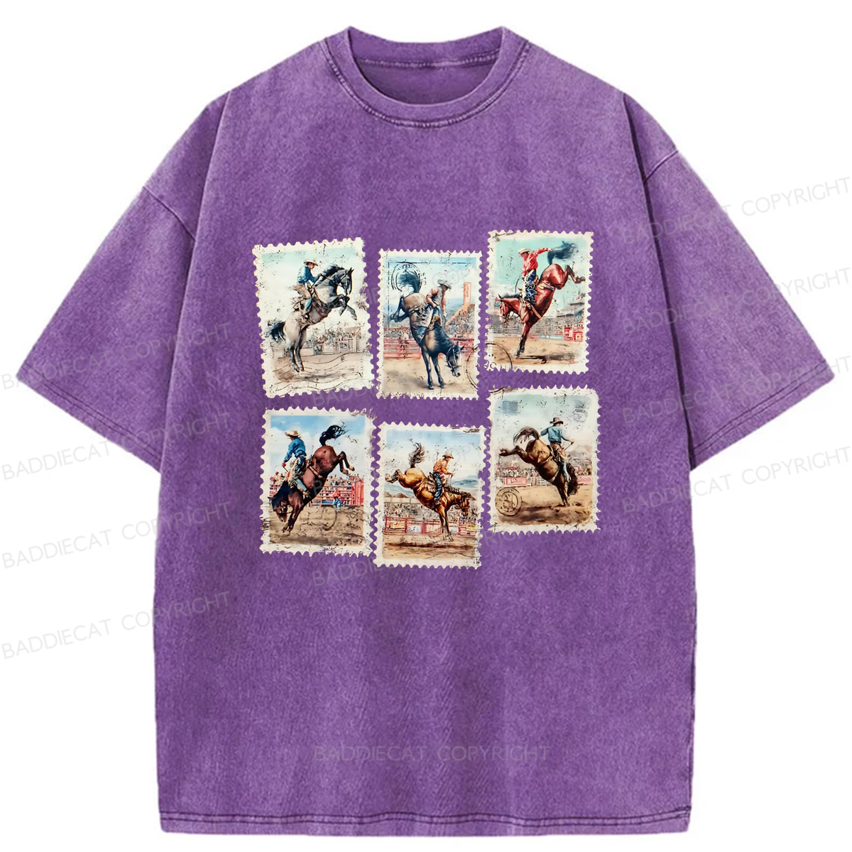 Baddiecat Rodeo Bucking Horse Western Cowboy Washed T-shirt