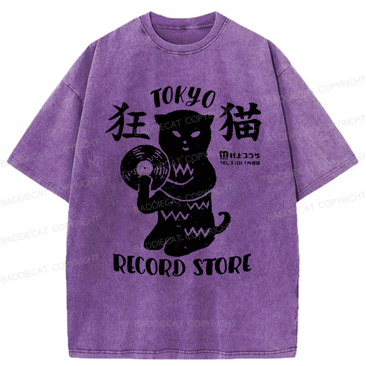 Baddiecat Japanese Tokyo Black Cat Record Store Washed T-shirt