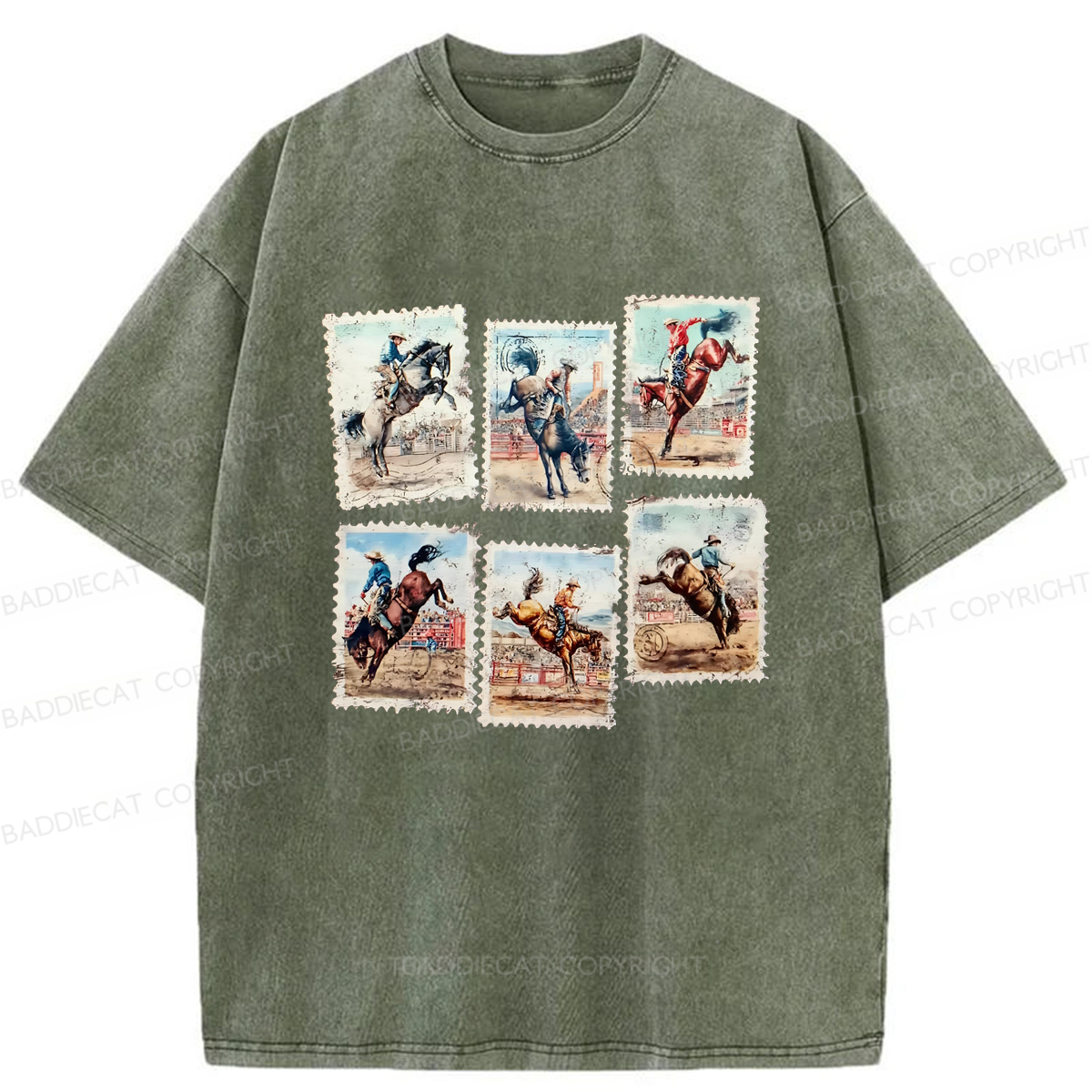 Baddiecat Rodeo Bucking Horse Western Cowboy Washed T-shirt